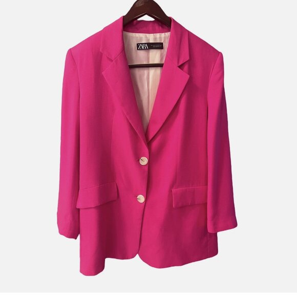 ZARA Hot Pink Oversized 2 Button Blazer Jacket with Padded Shoulders size M - Picture 1 of 7